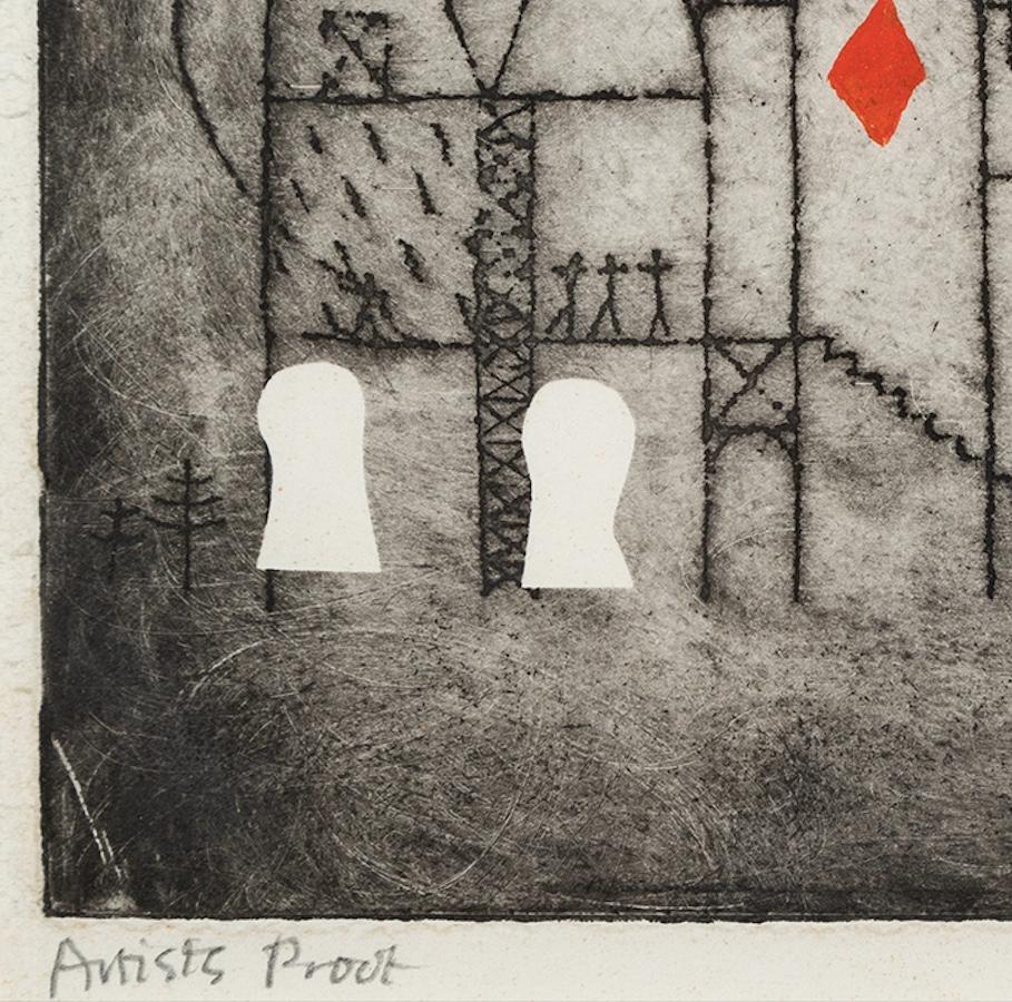 Dream Scaffold - Trevelyan Etching Print with Hand-Colour, Red, White + Black For Sale 3