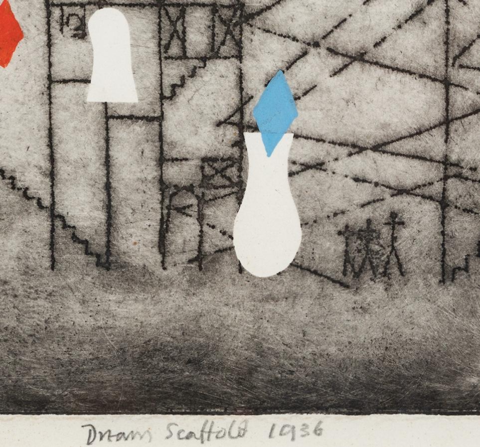 Dream Scaffold - Trevelyan Etching Print with Hand-Colour, Red, White + Black For Sale 5