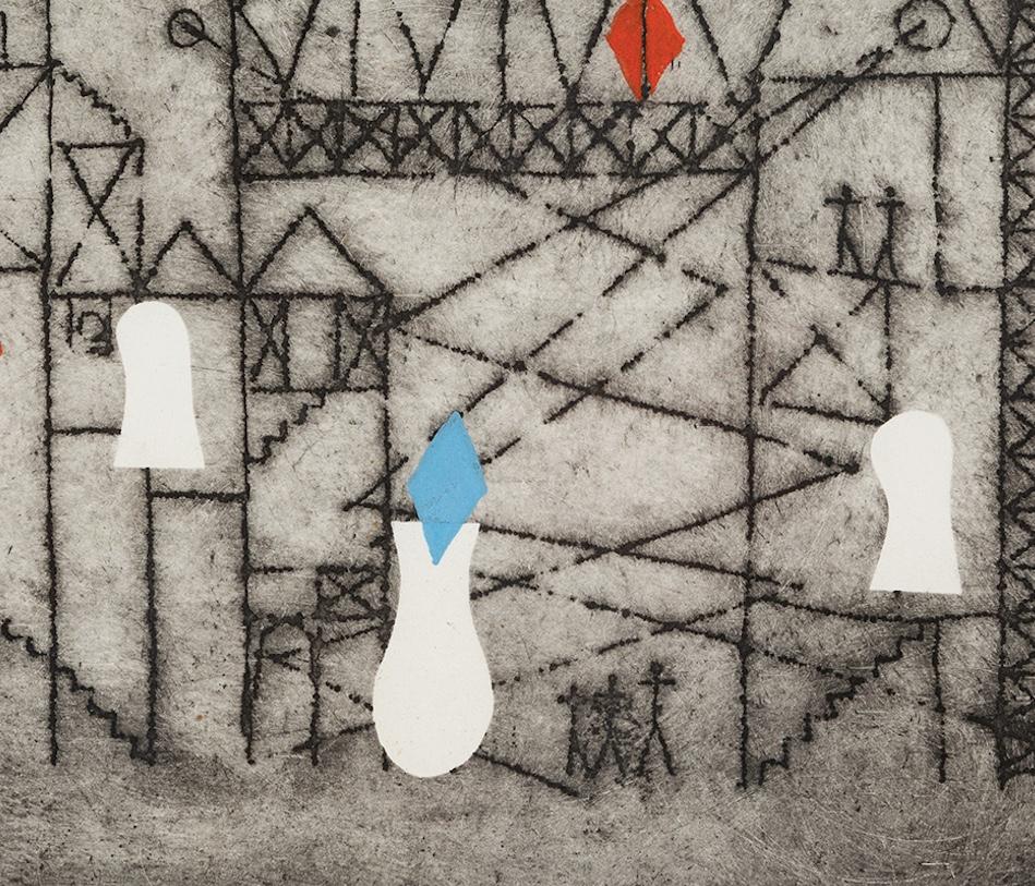 Dream Scaffold - Trevelyan Etching Print with Hand-Colour, Red, White + Black For Sale 6