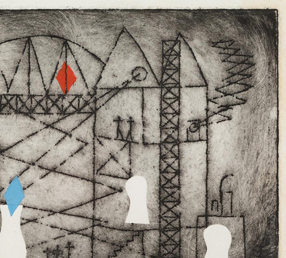 Dream Scaffold - Trevelyan Etching Print with Hand-Colour, Red, White + Black For Sale 7