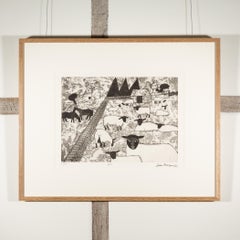 Ewes - 20th C Farm Scene with Sheep, Monochrome, Black + White Modernist Print