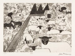 Ewes - 20th C Farm Scene with Sheep, Monochrome, Black + White Modernist Print