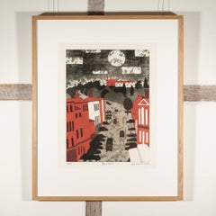 Farnham - Stampa del paesaggio urbano modernista del XX secolo, nero e rosso