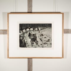 Harbour - Contemporary Monochrome Seascape with Houses + Boats, 20th Century