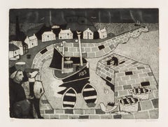Harbour - Contemporary Monochrome Seascape with Houses + Boats, 20th Century
