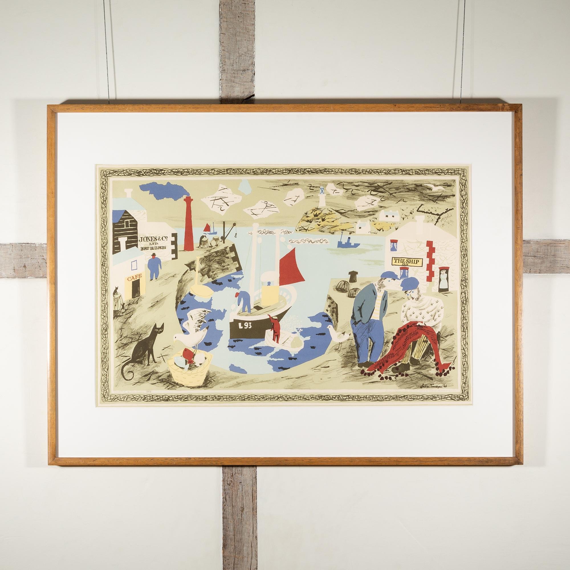 Harbour (from School Prints) - Gravure de Trevelyan avec bateaux, personnages et mer - Beige Landscape Print par Julian Trevelyan