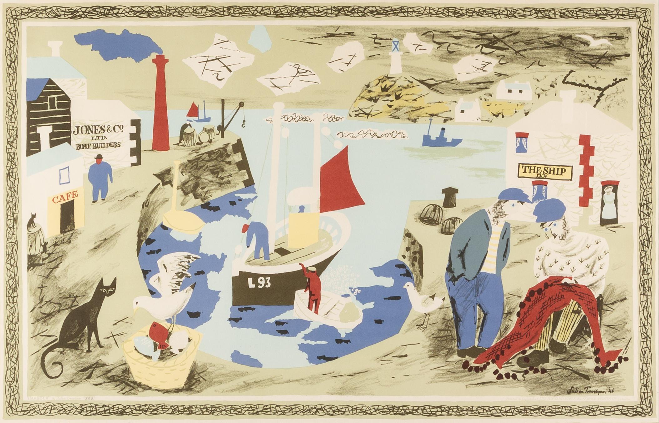 Landscape Print Julian Trevelyan - Harbour (from School Prints) - Gravure de Trevelyan avec bateaux, personnages et mer