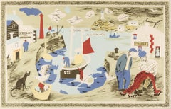 Harbour (from School Prints) - Trevelyan Print with Boats, Figures and Sea