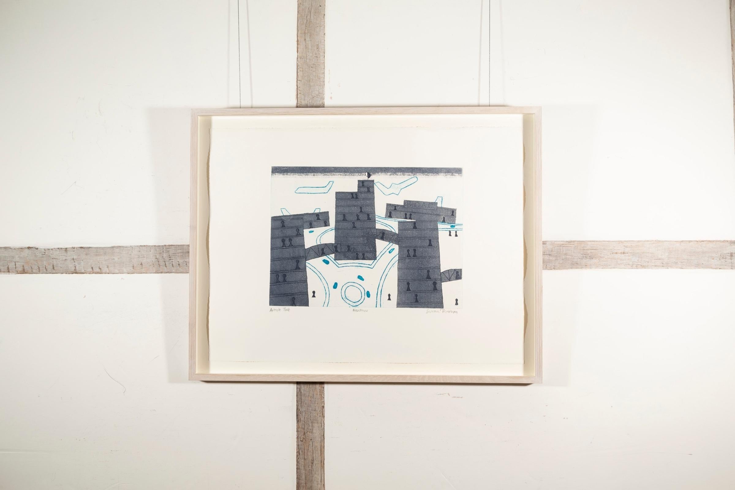 Heathrow, Abstract Grey Etching and Aquatint with Planes and Figures, 1973 - Print by Julian Trevelyan