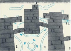 Heathrow, Aguafuerte gris abstracto y aguatinta con planos y figuras, 1973