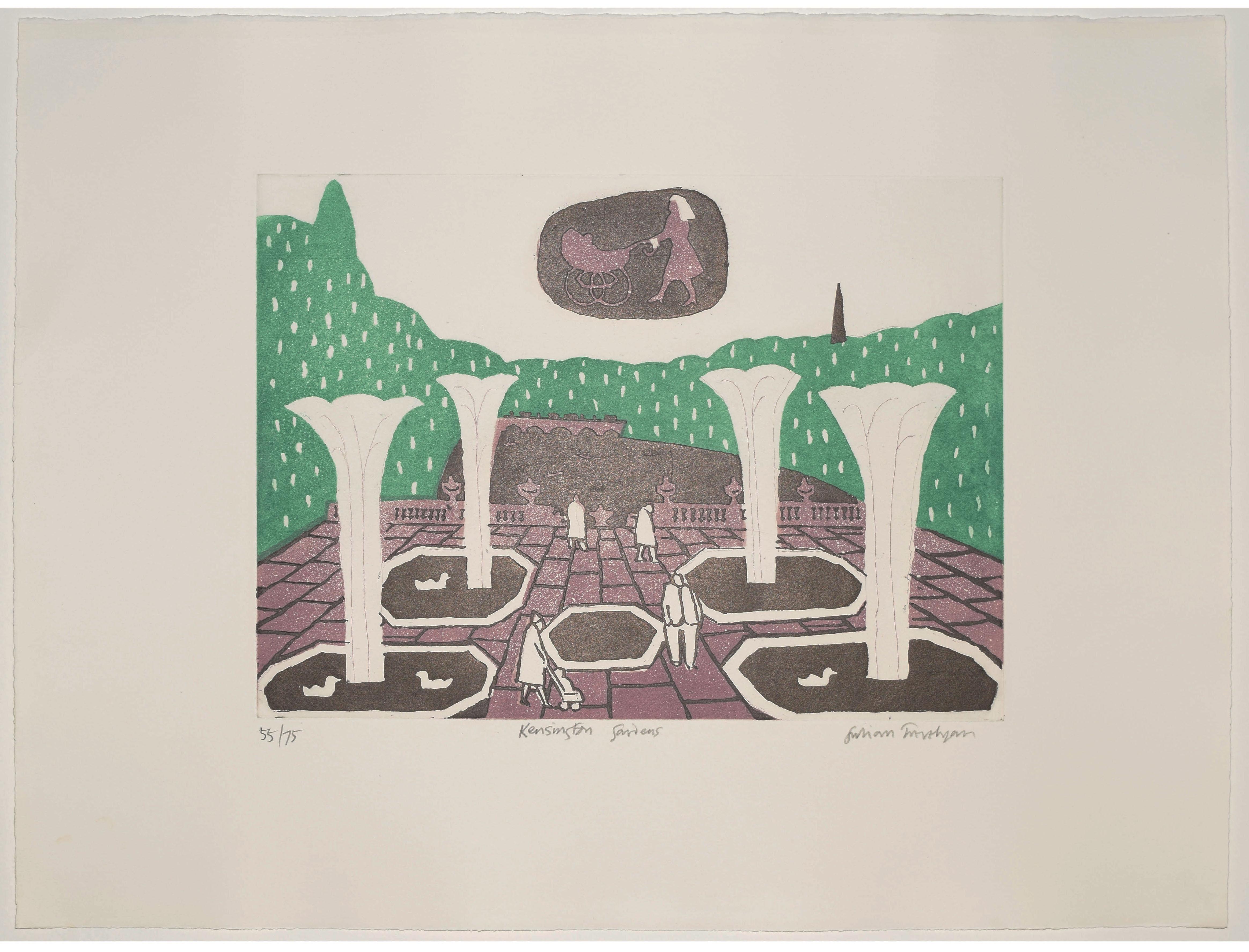 Julian Trevelyan (1910-1988)
Kensington Gardens (1969)
Etching and aquatint, signed, numbered 55/75
35x48cm

Nephew of the historian G M Trevelyan he was educated at Bedales and Trinity College, Cambridge, reading English. Moving to Paris and