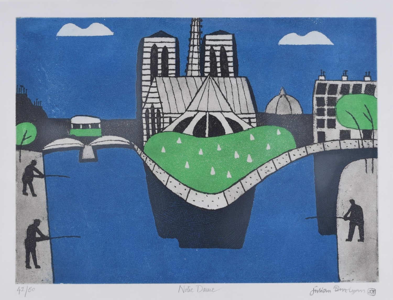 Julian Trevelyan (1910-1988)
Notre Dame
Etching and aquatint, stamped signature, numbered 42/50
35 x 48 cm 

Nephew of the historian G M Trevelyan, he was educated at Bedales and Trinity College, Cambridge, reading English. Moving to Paris and