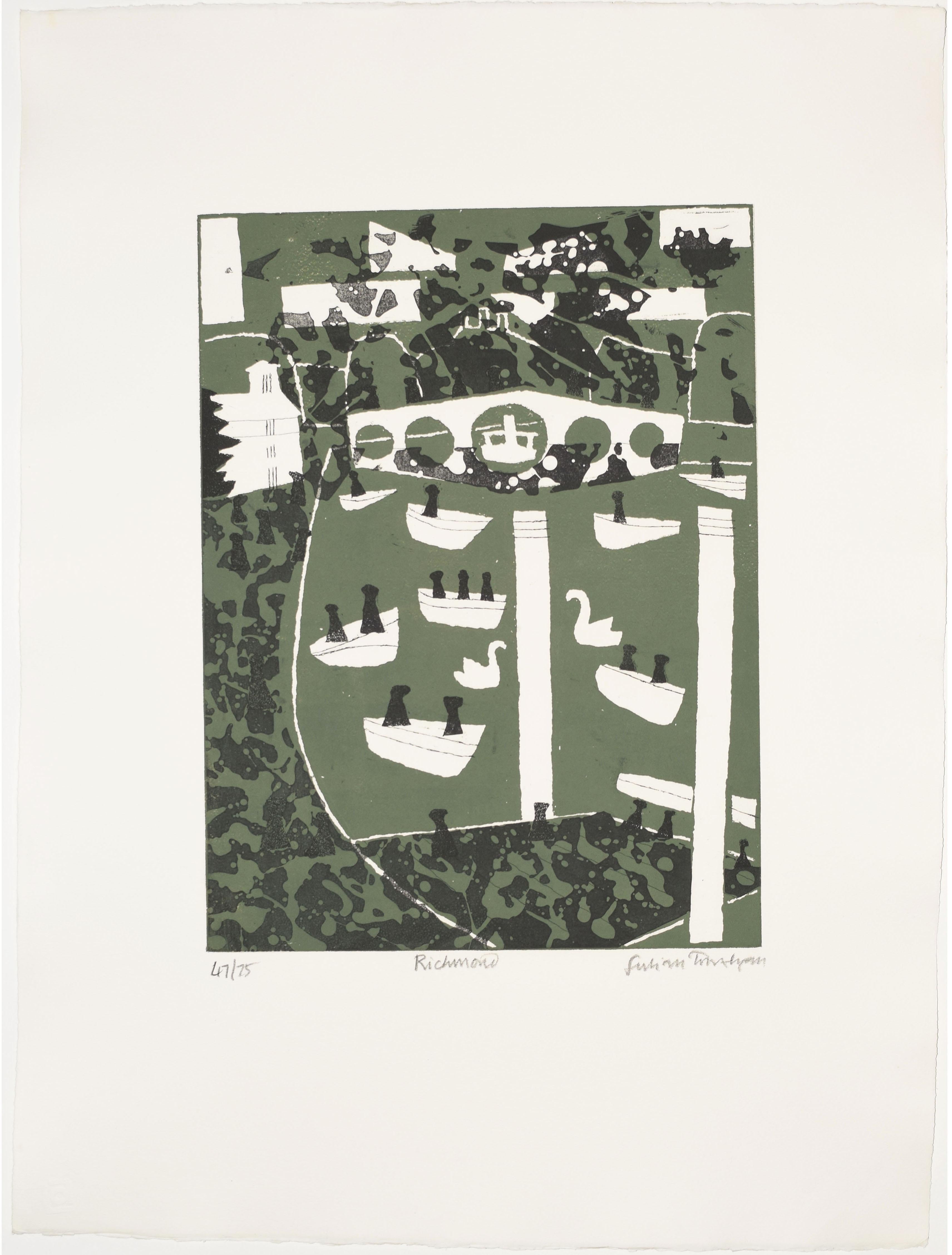 Julian Trevelyan (1910-1988)
Richmond (1969)
Etching and aquatint, signed, numbered 48/75
48x35cm

Nephew of the historian G M Trevelyan he was educated at Bedales and Trinity College, Cambridge, reading English. Moving to Paris and becoming an
