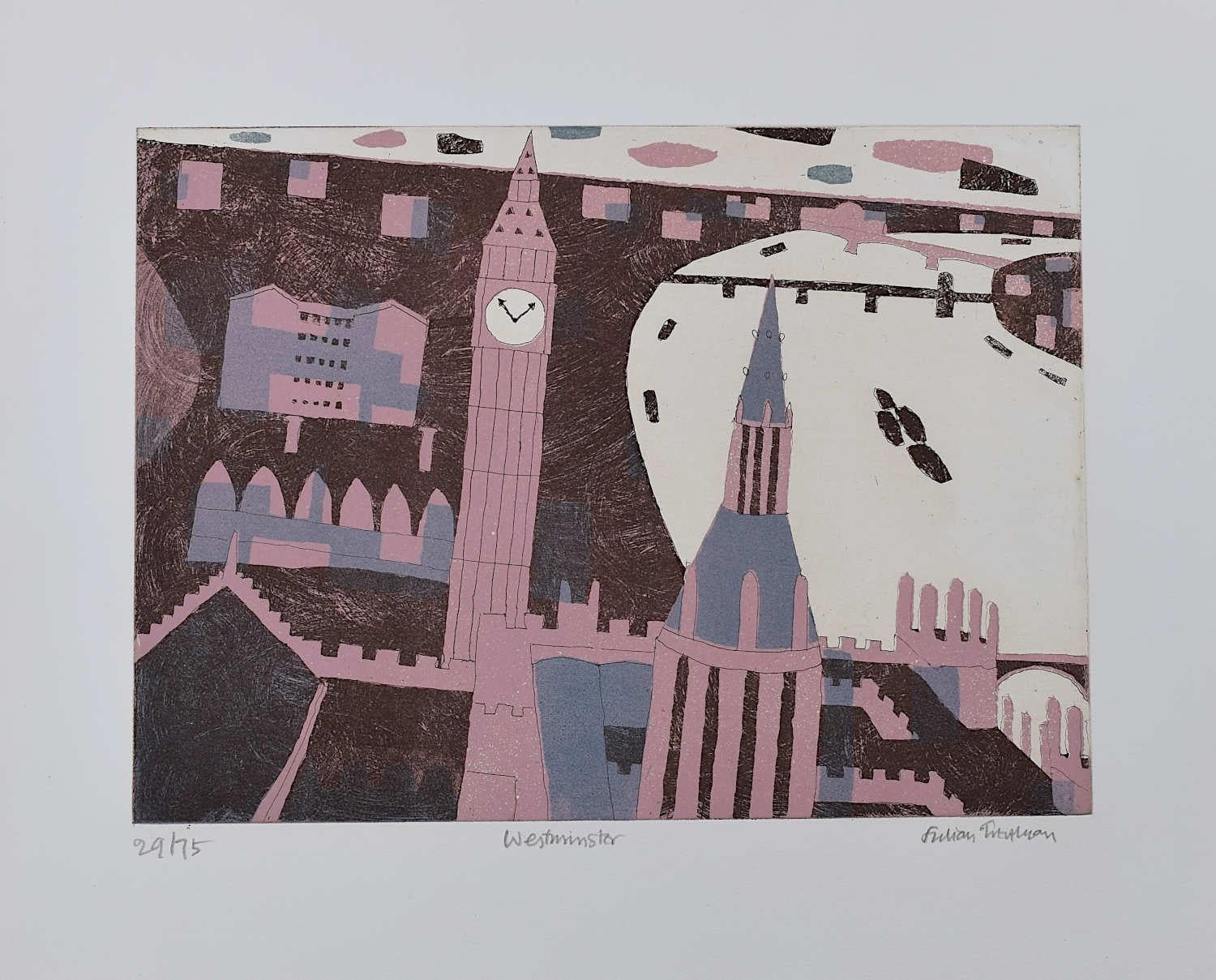 To see our other views of London and our other Modern British Art, scroll down to "More from this Seller" and below it click on "See all from this Seller".

Julian Trevelyan (1910-1988)
Westminster (1969-70)
Etching and aquatint, signed, numbered