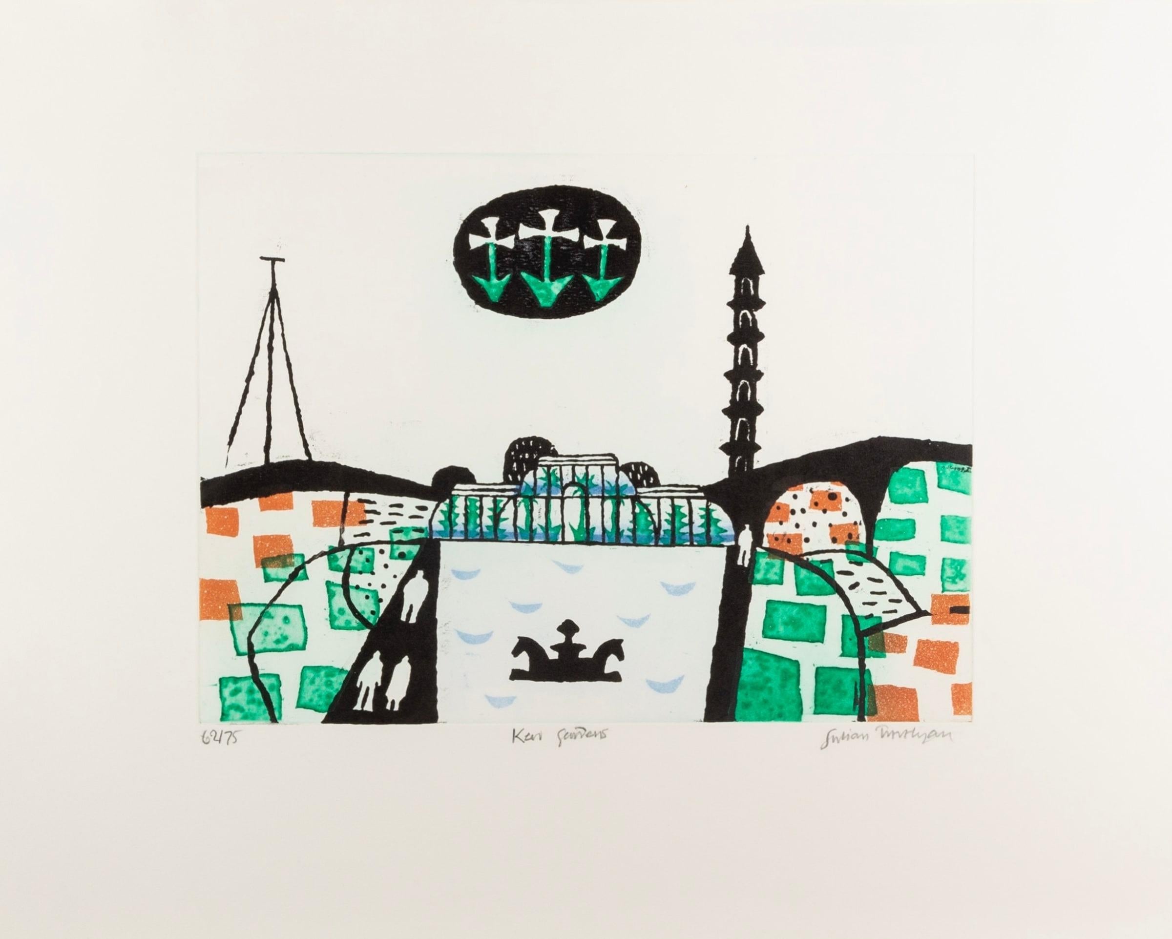 Print di Julian Trevelyan - Kew Gardens, dai parchi di Londra, stampa grafica verde e arancione, 1969-70