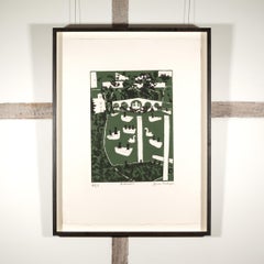 Richmond - Green + White Print, 20th C London Cityscape with Boats + Bridge