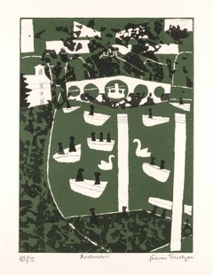 Richmond - Green + White Print, 20th C London Cityscape with Boats + Bridge