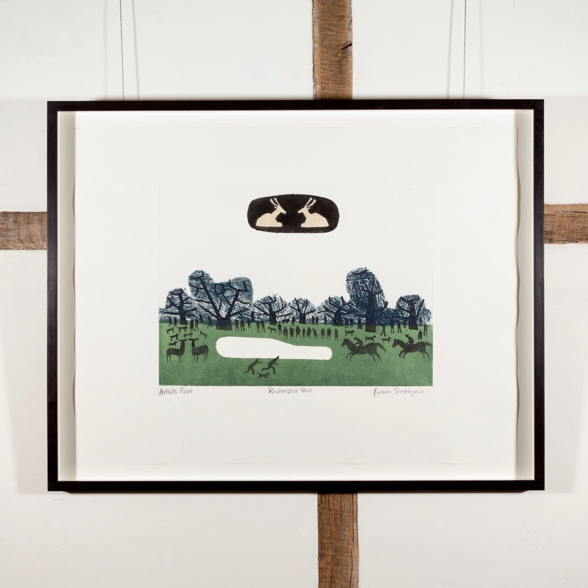 Richmond Park, de Parques de Londres, Paisaje con caballos y ciervos Impresión, 1969-70 - Print de Julian Trevelyan