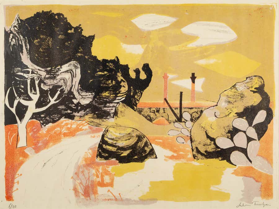 Road to Etna - 20th Century Trevelyan Modernist Landscape Print in Yellow