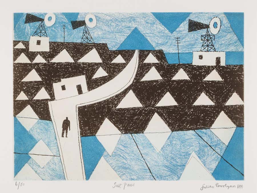 Salt Pans - Blue, Black and White 20th Century Etching