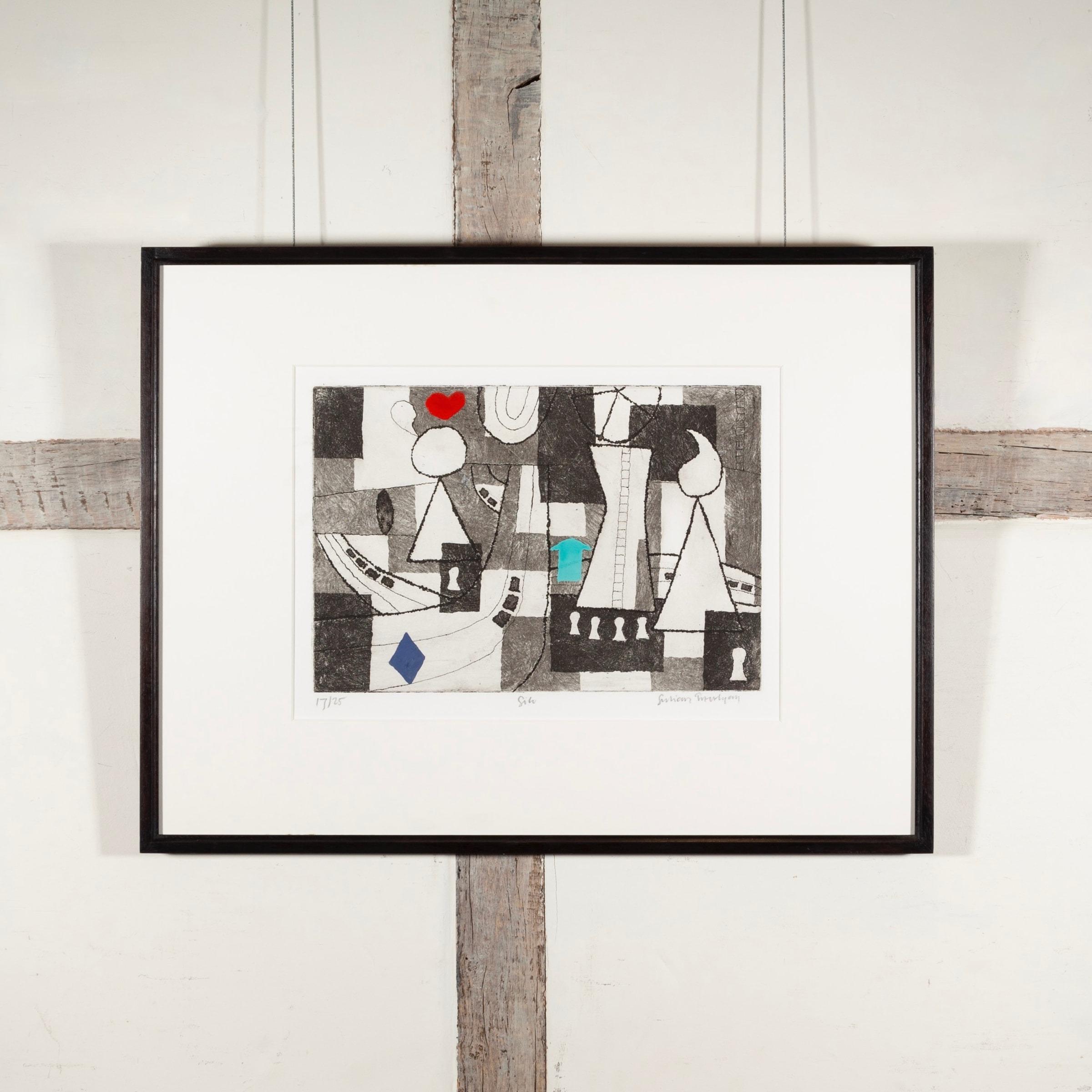 Silo - Etching with Hand Colouring, Monochrome Abstract with Blue and Red, 1974 - Print by Julian Trevelyan