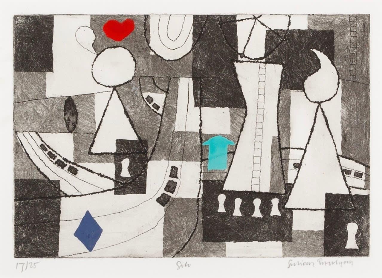 Julian Trevelyan Print - Silo - Etching with Hand Colouring, Monochrome Abstract with Blue and Red, 1974