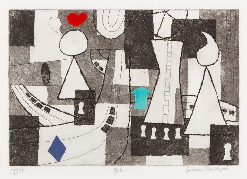 Silo - Etching with Hand Colouring, Monochrome Abstract with Blue and Red, 1974