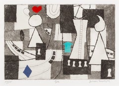 Silo - Acquaforte con colorazione a mano, astratto monocromatico con blu e rosso, 1974