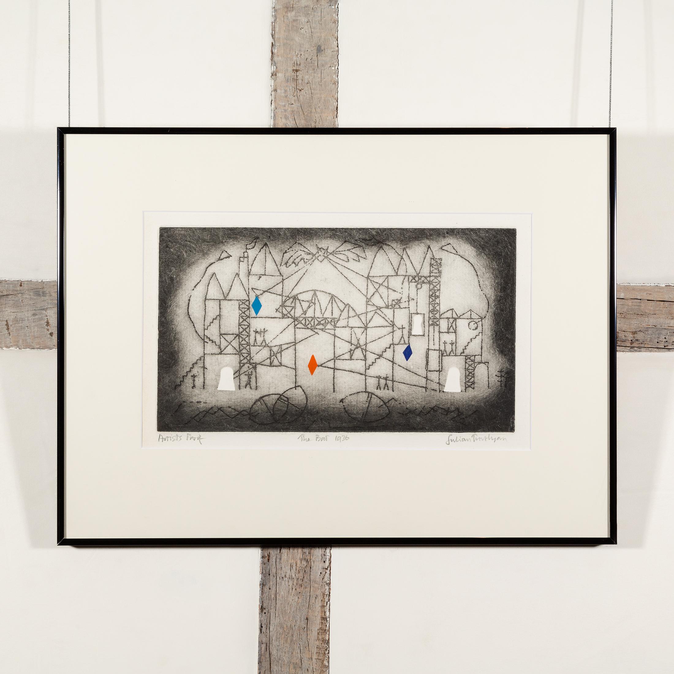 Tenements of the Mind (The Bat) - Trevelyan Monochrome Print with Blue + Red - Gray Figurative Print by Julian Trevelyan