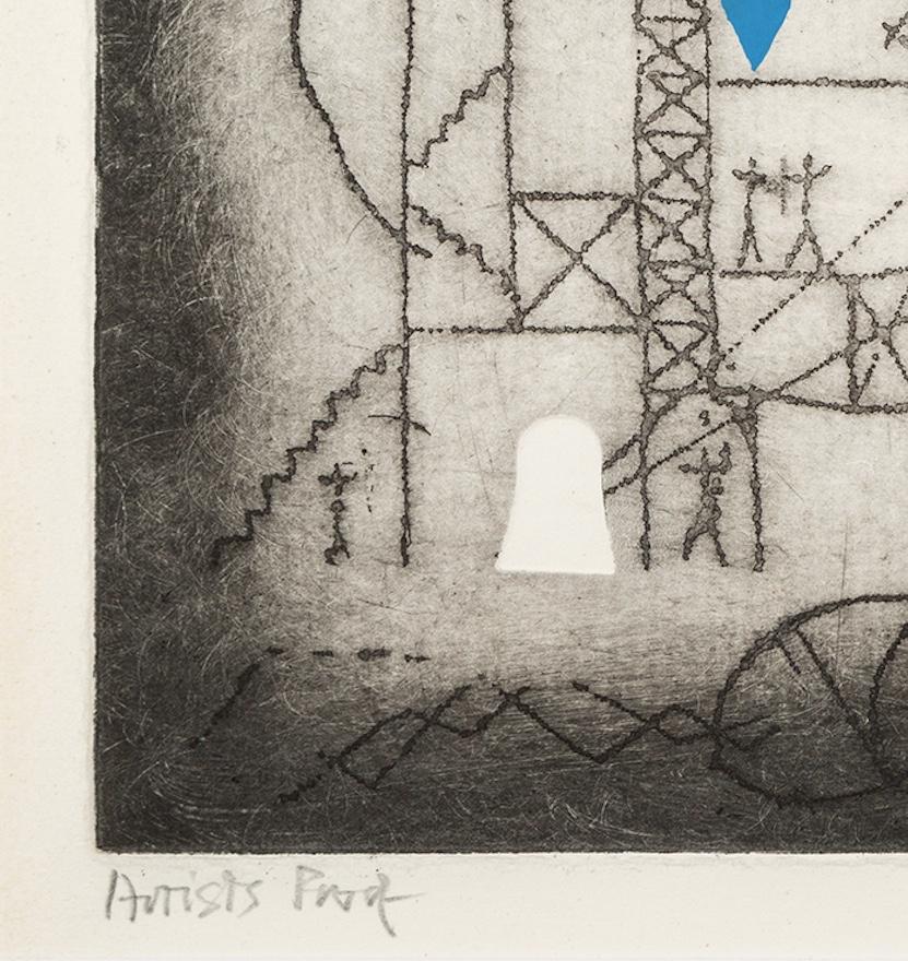 Tenements of the Mind (The Bat) - Trevelyan Monochrome Print with Blue + Red For Sale 3