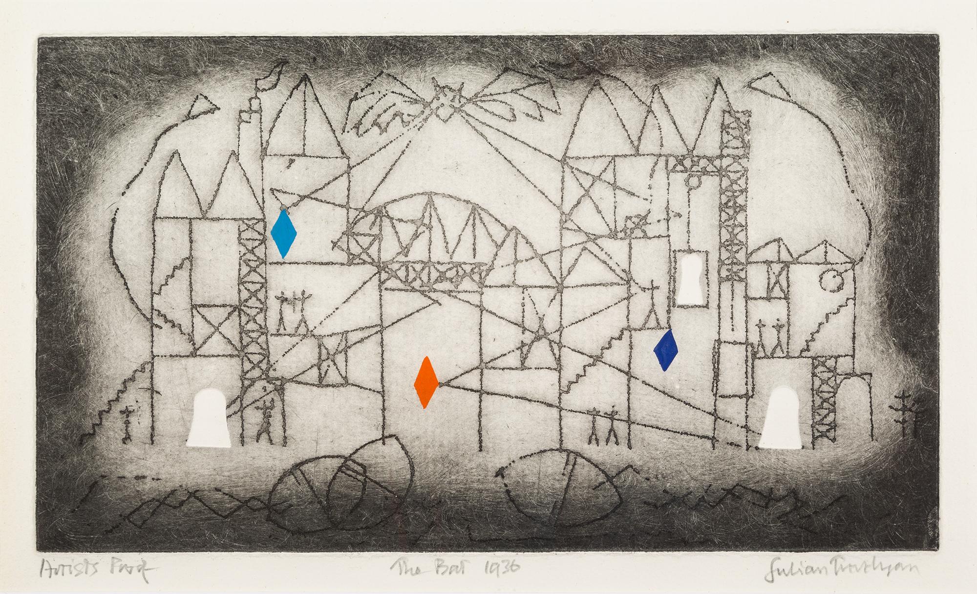 Julian Trevelyan Figurative Print - Tenements of the Mind (The Bat) - Trevelyan Monochrome Print with Blue + Red