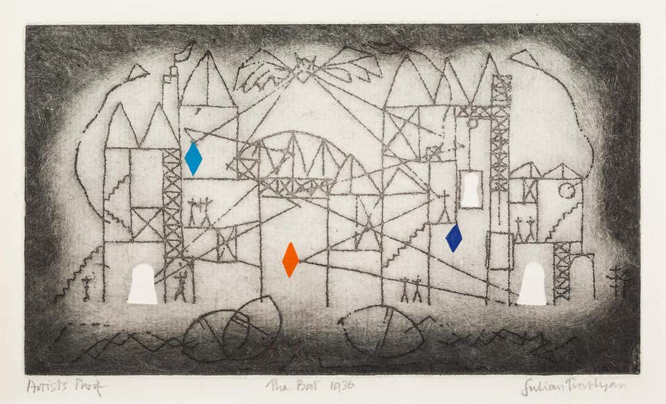 Tenements of the Mind (The Bat) - Trevelyan Monochrome Print with Blue + Red