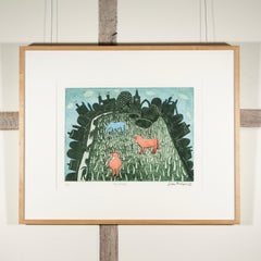 The Meadow - 20th Century Modernist Landscape Print, Green with Cows