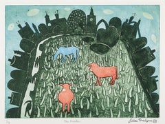The Meadow - 20th Century Modernist Landscape Print, Green with Cows