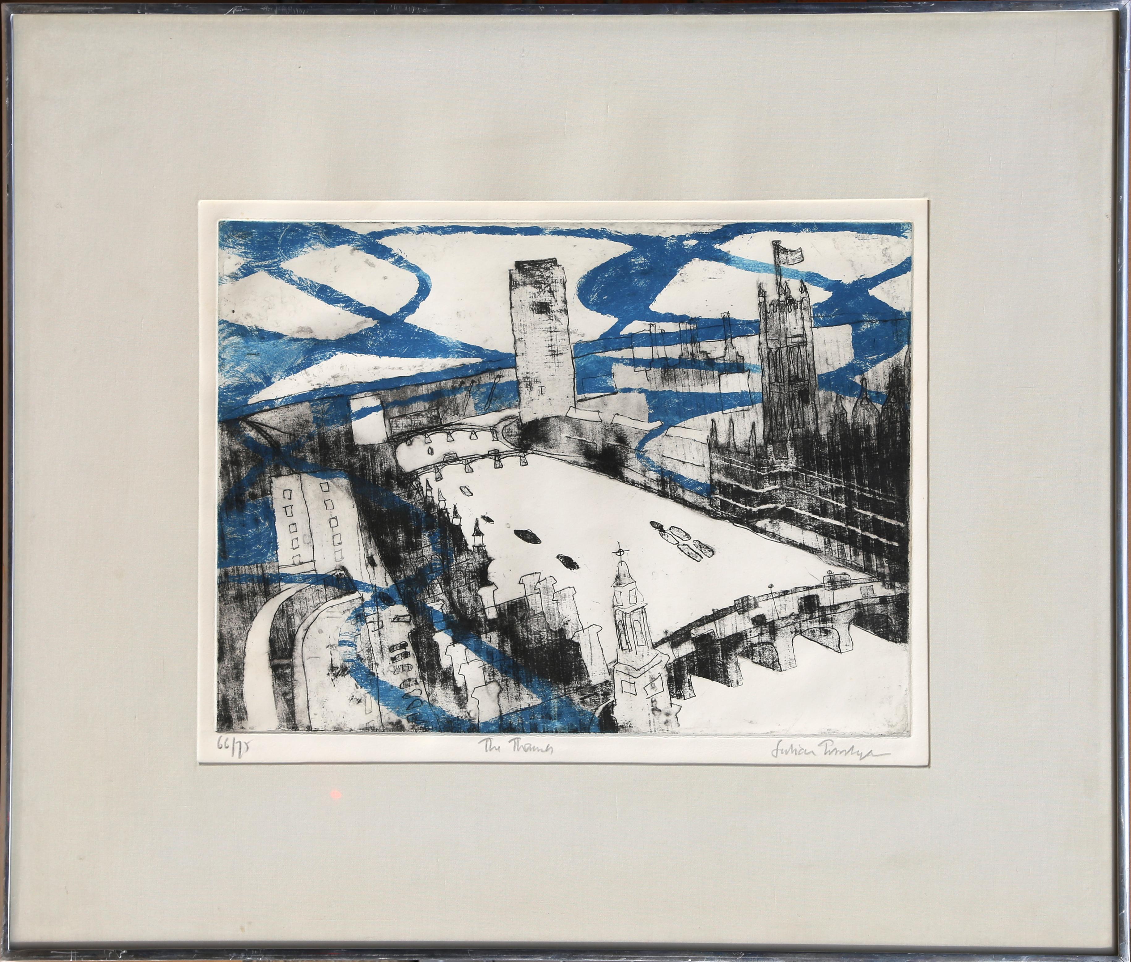 Artist: Julian Trevelyan, British (1910 - 1988)
Title: The Thames
Year: circa 1969
Medium: Etching with Aquatint, signed and numbered in pencil
Edition: 66/75
Image Size: 13.5 x 18.5 inches
Size: 25.5 x 30 inches