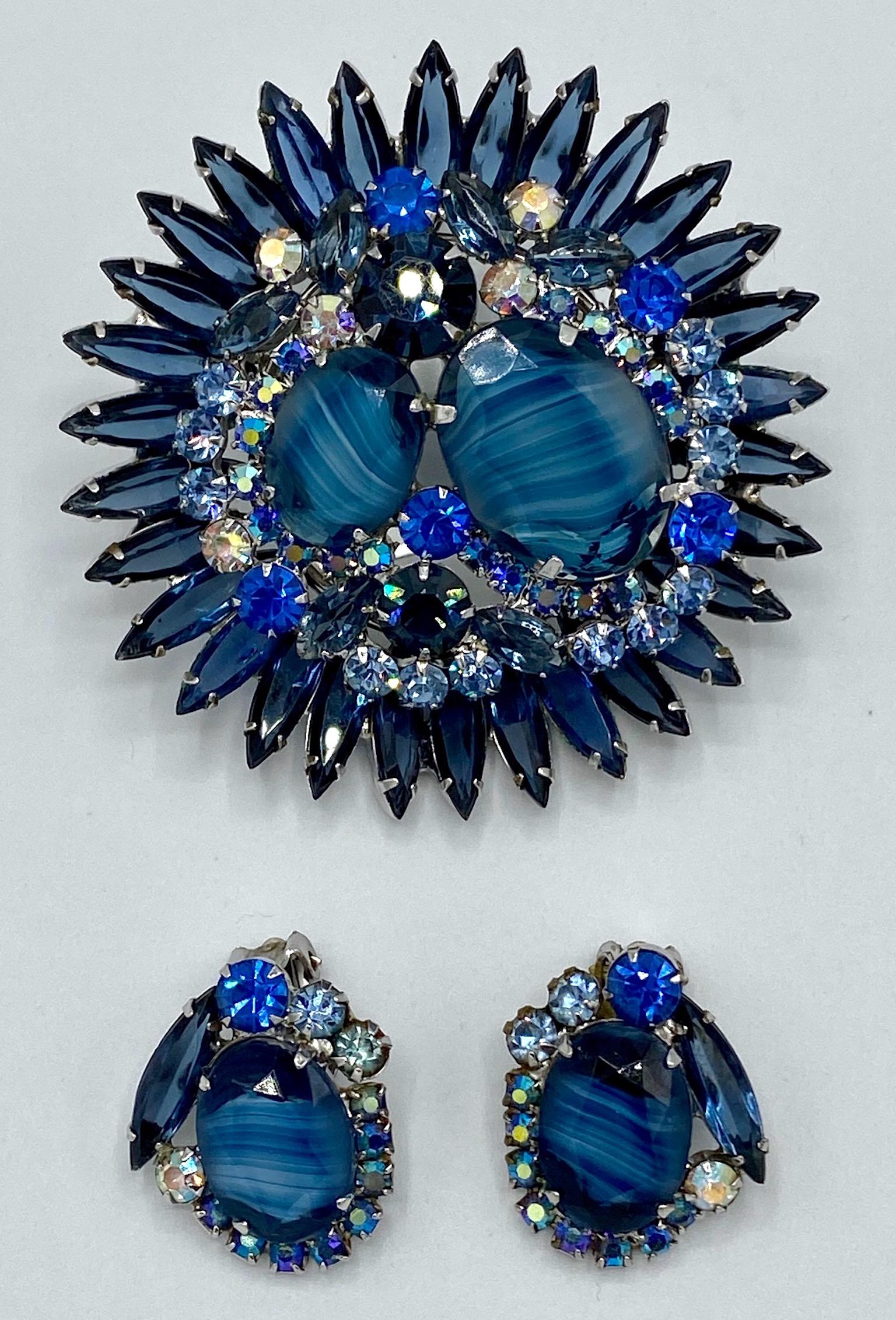 Marquise Cut Juliana 1960s Blue Rhinestone Brooch & Earring Set