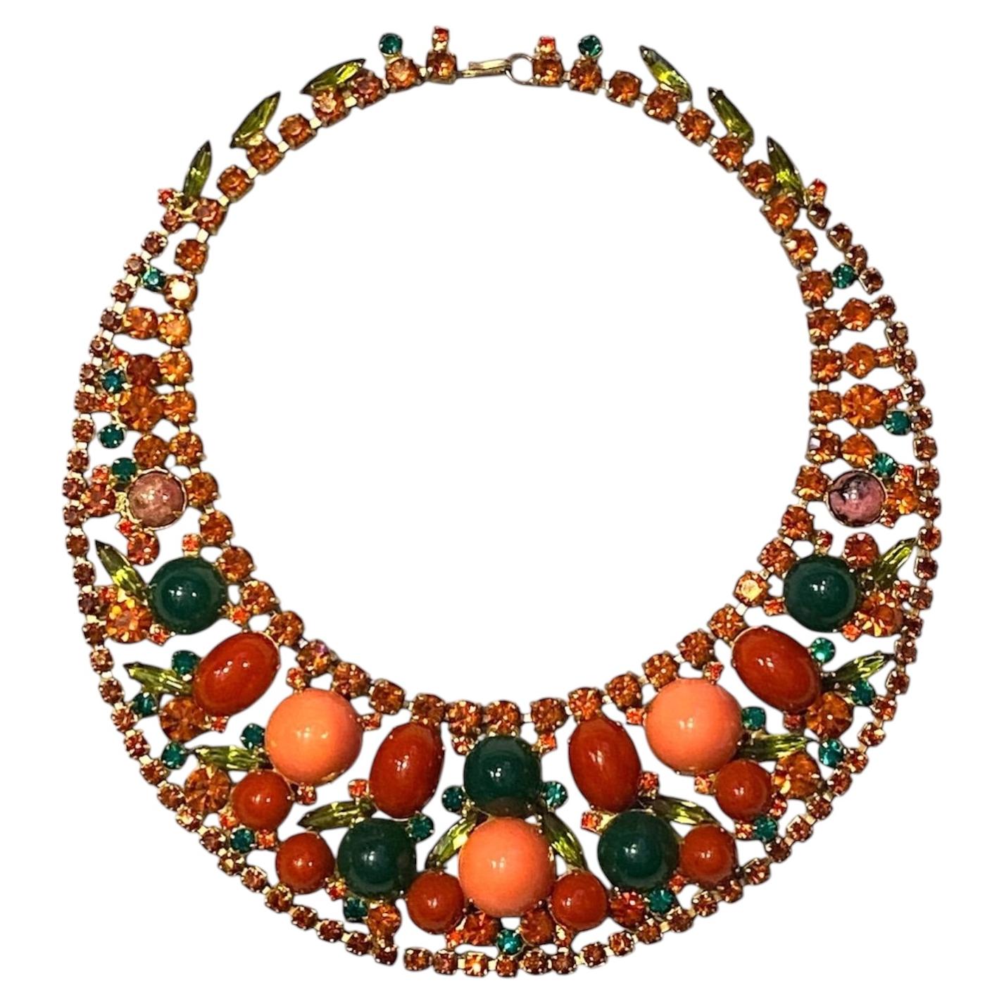 Juliana 1960s Coral, Green Carnelian Cabochon & Burn Orange Rhinestone Necklace For Sale