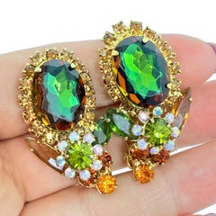 JULIANA DELIZZA ELSTER gold tone green amber glass designer clip on earrings