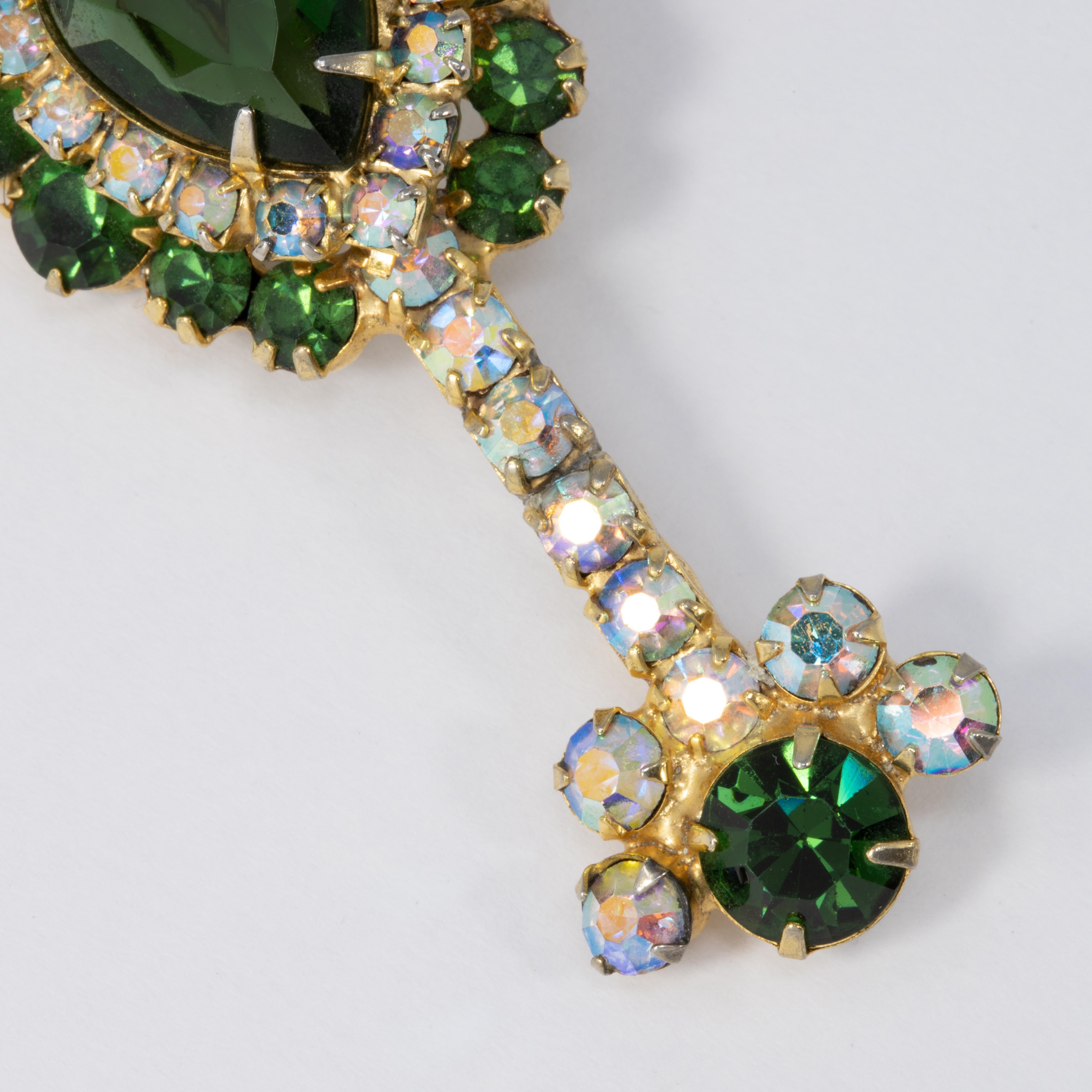 Uncut Juliana DeLizza & Elster Instrument Green & Aurora Borealis Crystal Brooch Pin For Sale