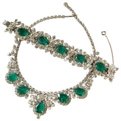 Retro Juliana DeLizza & Elster Necklace and Bracelet with Faux Diamonds and Emeralds