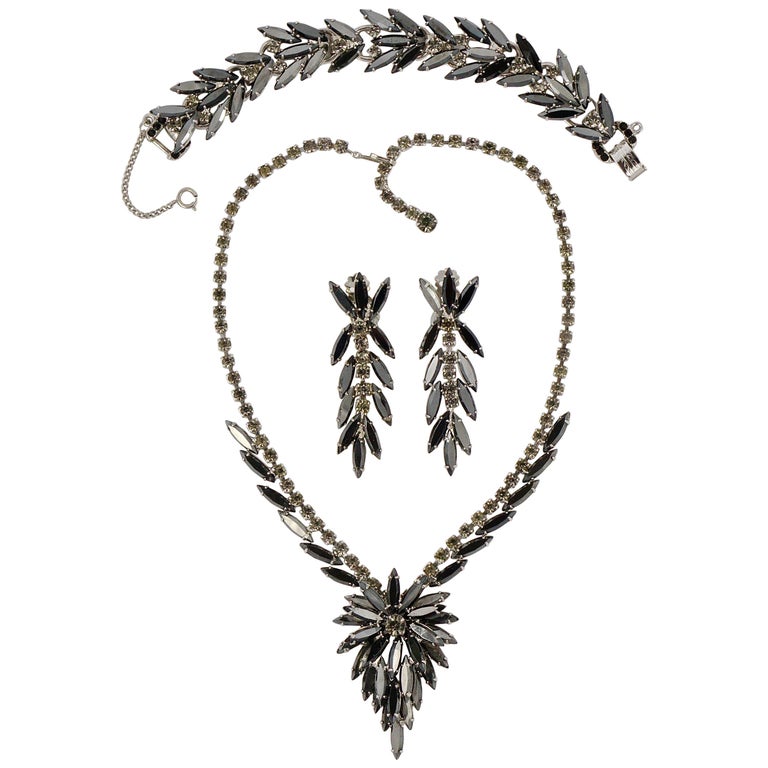 Parure De Bijoux Argent Et Verre Noir - Collier + Boucles D'oreilles - Élégance Intemporelle