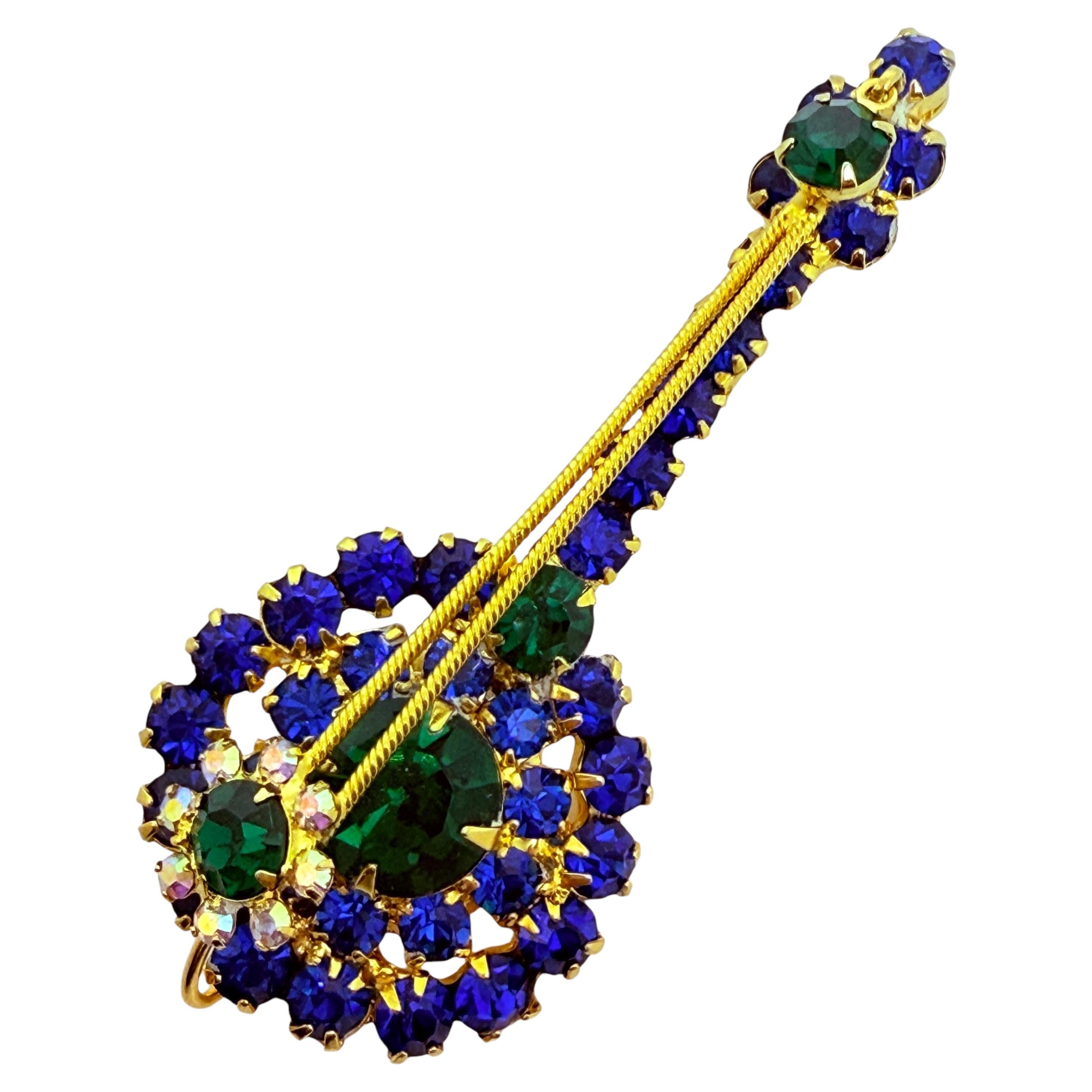 JULIANA DELIZZA ELSTER Vintage Gold Strass Mandoline Designer Brosche