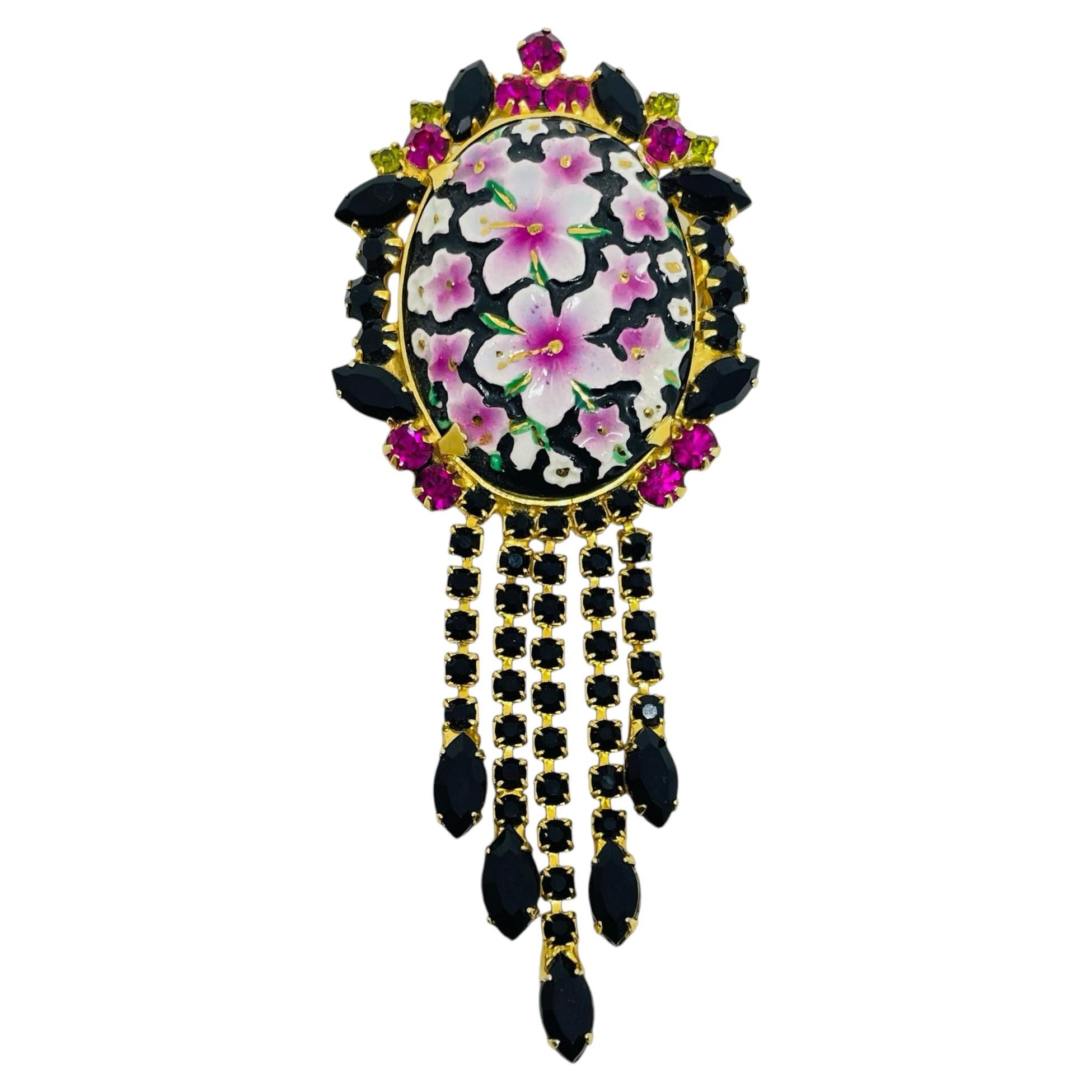 JULIANA DELIZZA ELSTER vintage gold rhinestones painted flowers designer brooch