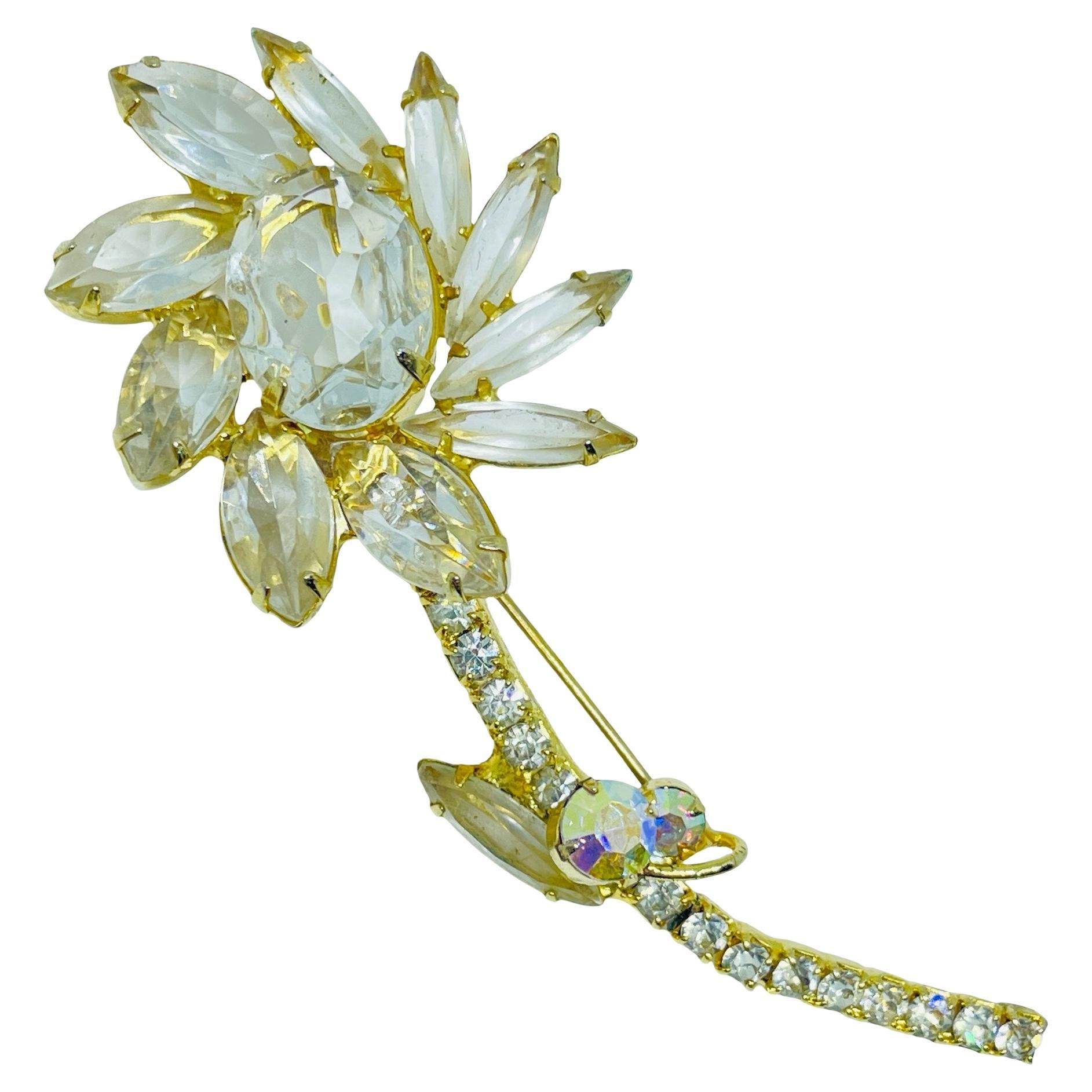 JULIANA DELIZZA ELSTER broche fleur en verre à navettes, ton or, vintage