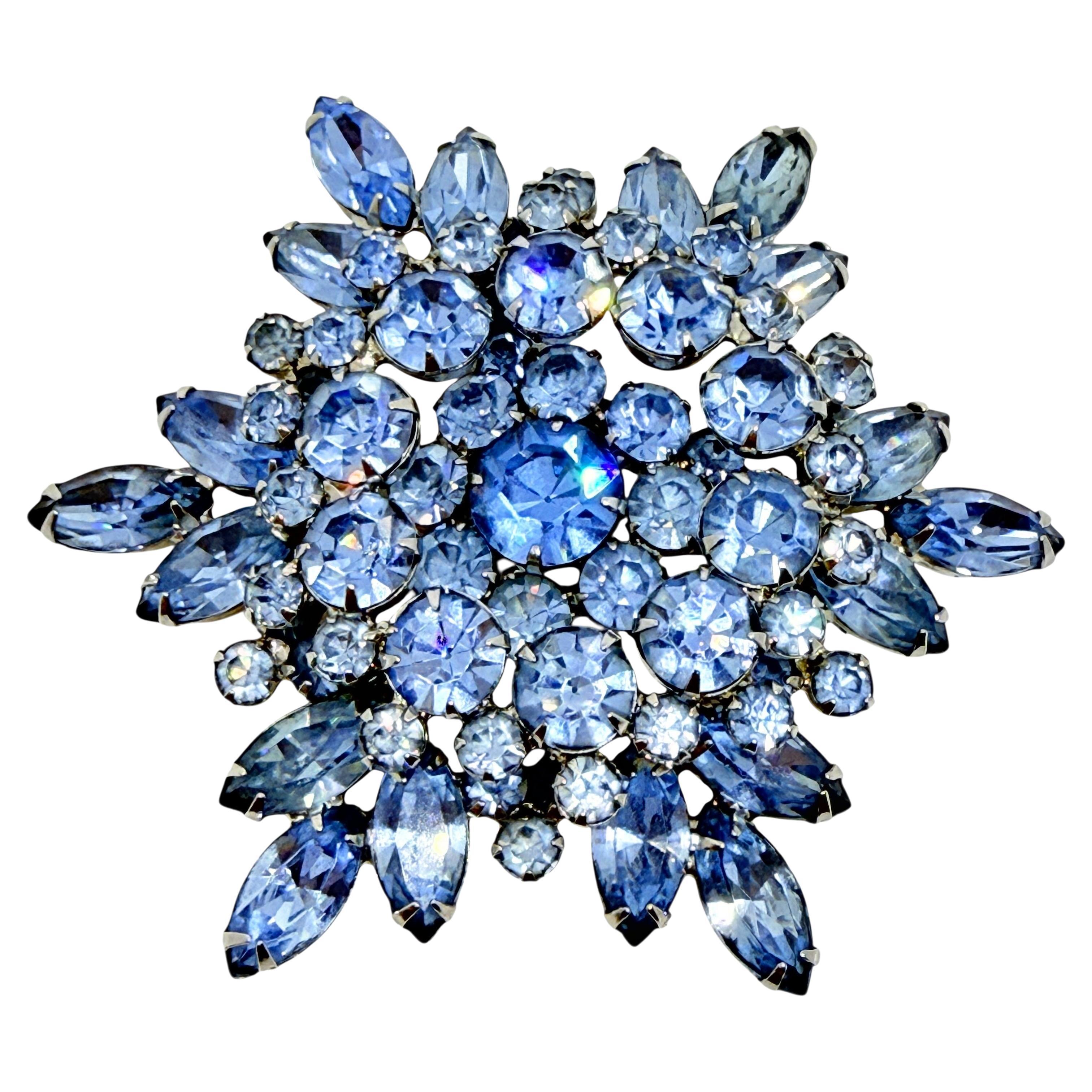 JULIANA DELIZZA ELSTER Vintage Brosche massiv silberfarben blau mit Strasssteinen