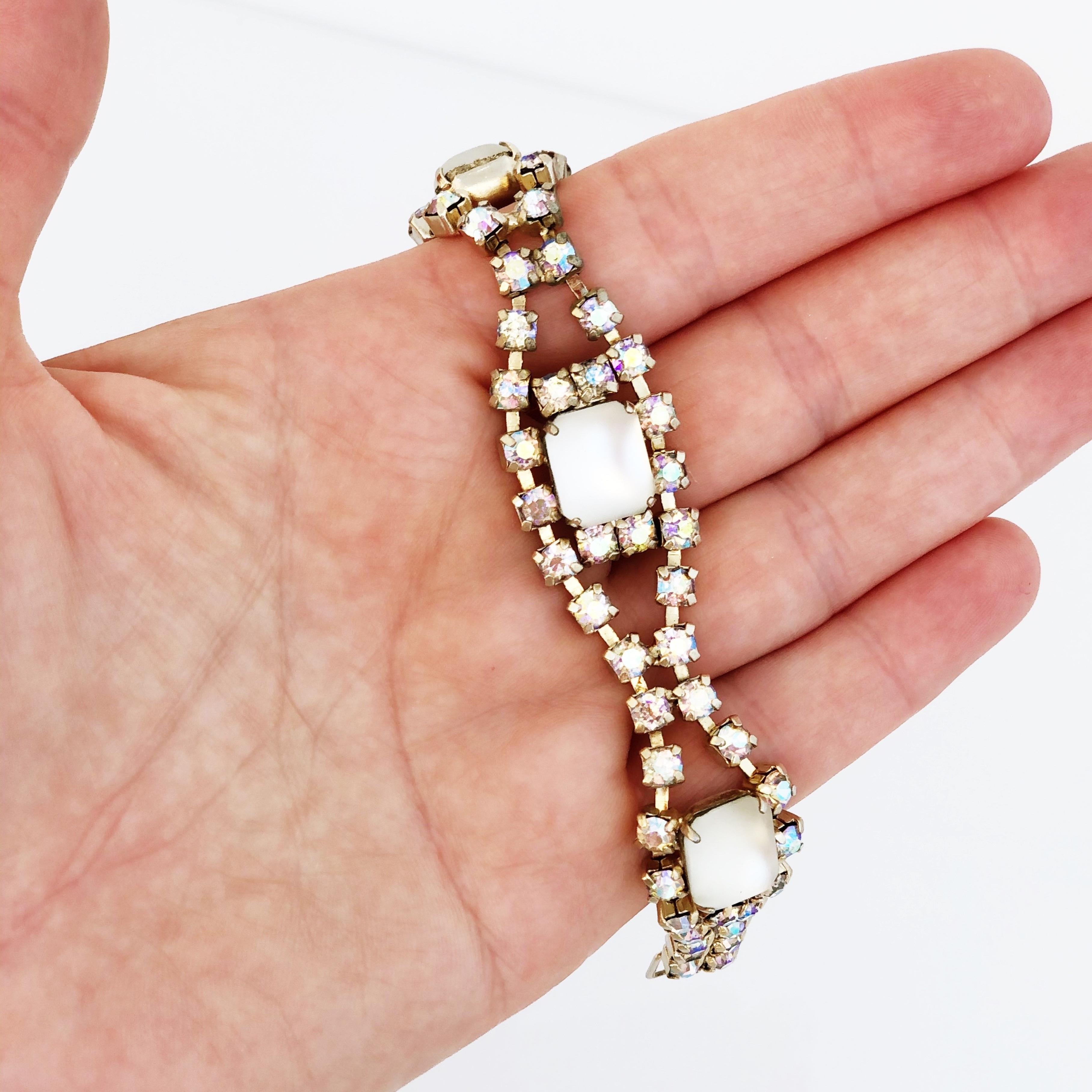 Women's Juliana Style Aurora Borealis Crystal and Frosted Moonstone Bracelet, 1960s For Sale