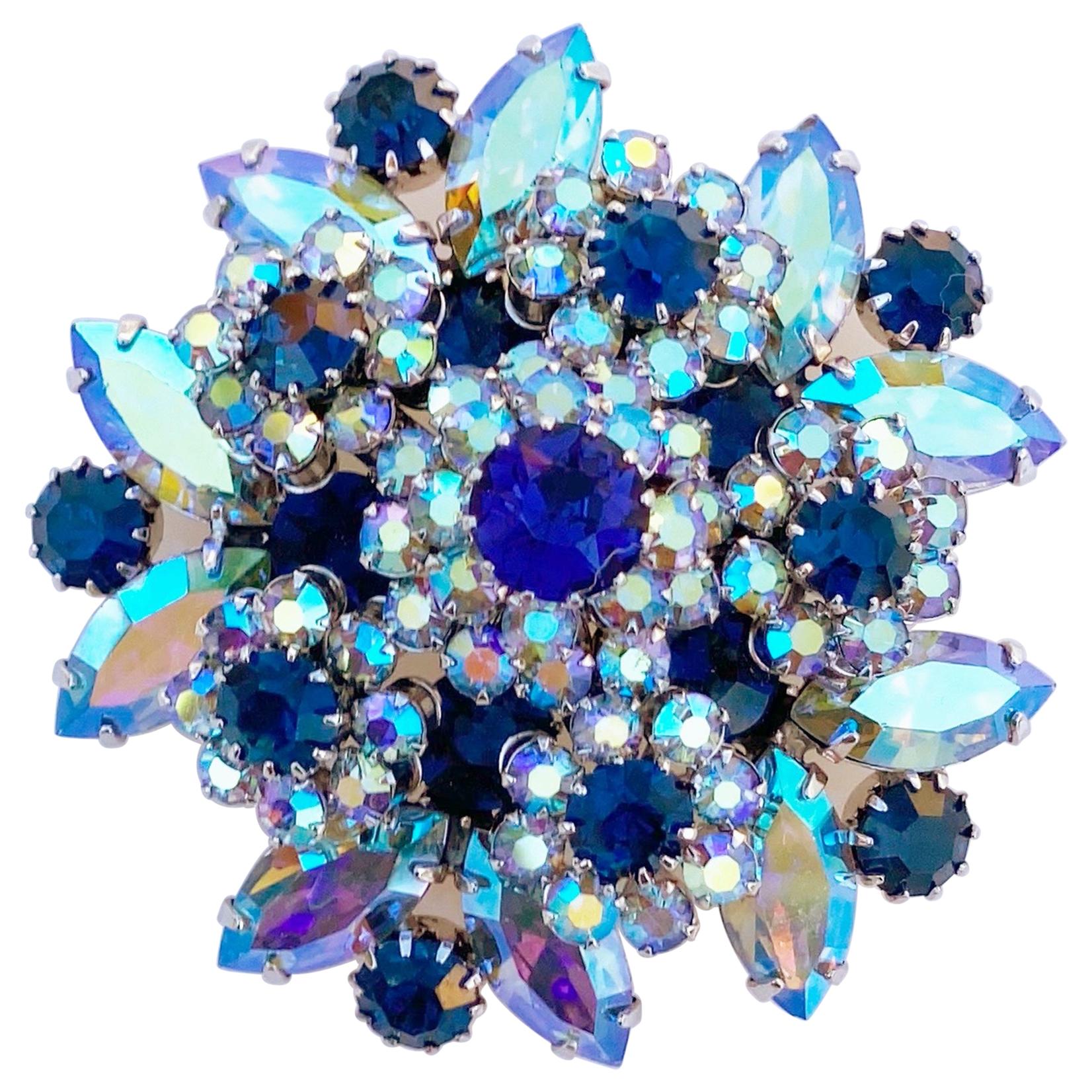 Juliana-Style Blue AB Crystal Cluster Layered Cocktail Brooch By Vendome, 1960s For Sale