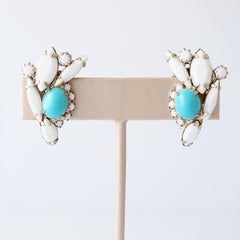 Juliana Style Milk Glass and Turquoise Spray Earrings, 1960s