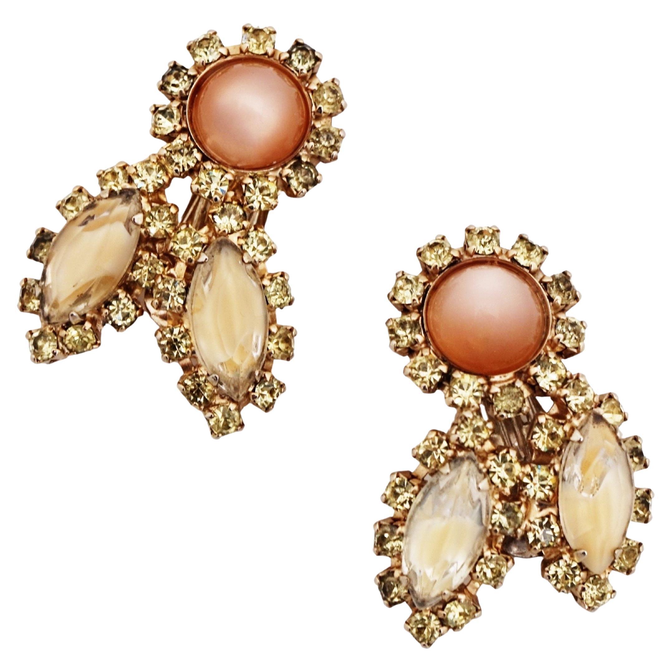 Juliana Style Peach Moonglow Thermoset and Champagne Rhinestone Climber Earrings For Sale