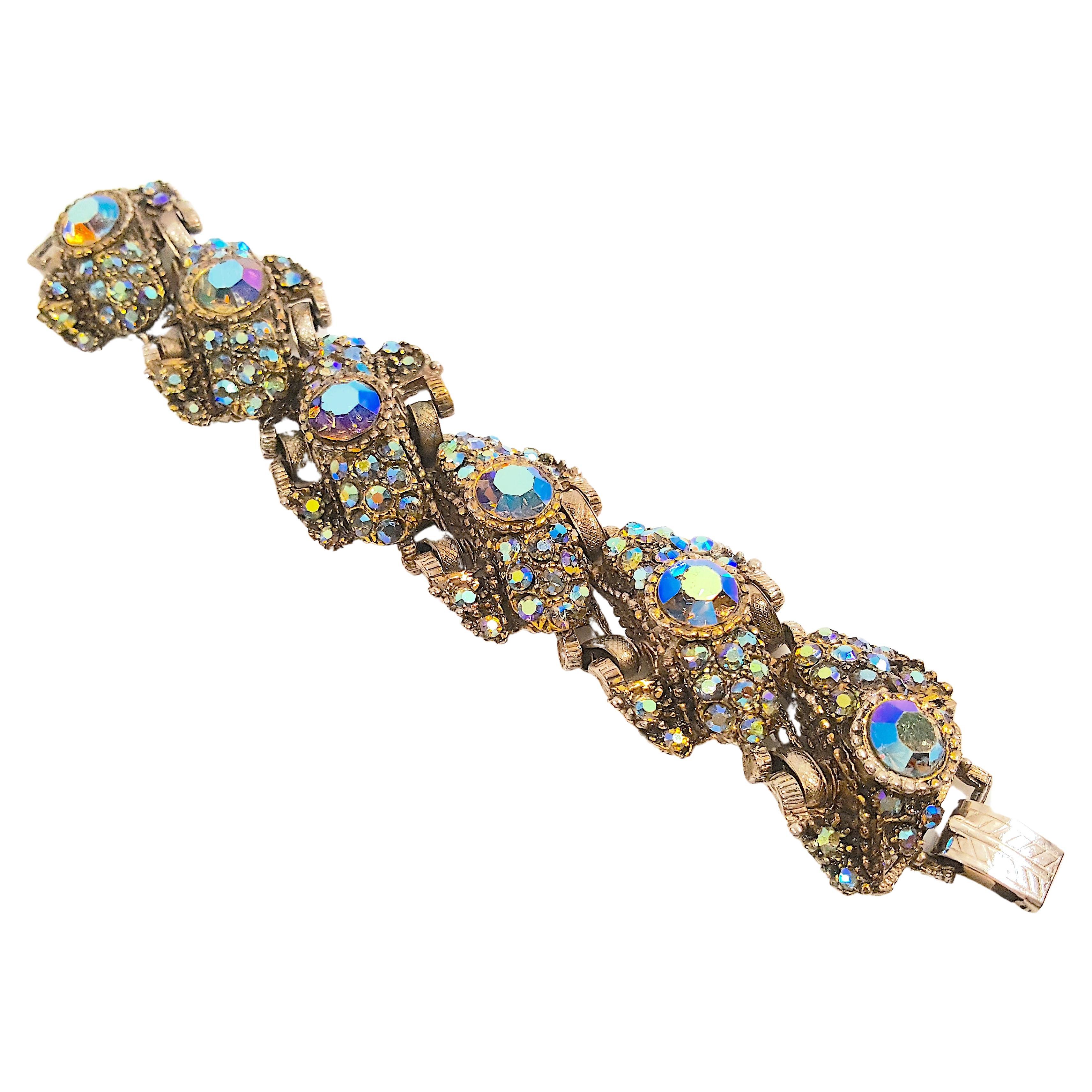 Baroque Revival Julianna Delizza&Elster AuroraBorealisEncrusted Chunky Gunmetal SixLink Bracelet For Sale